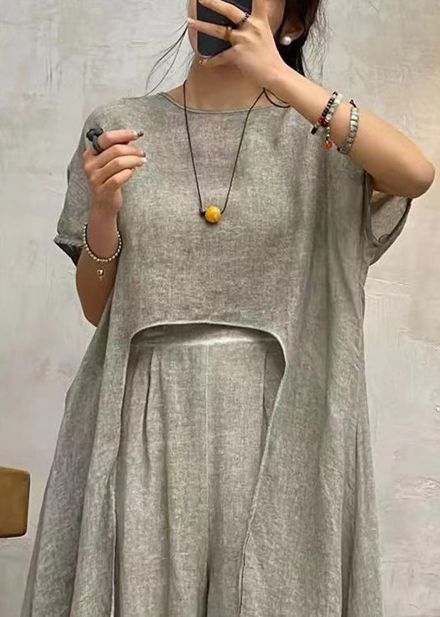 Art Grey Asymmetrical Patchwork Cotton Top Short Sleeve