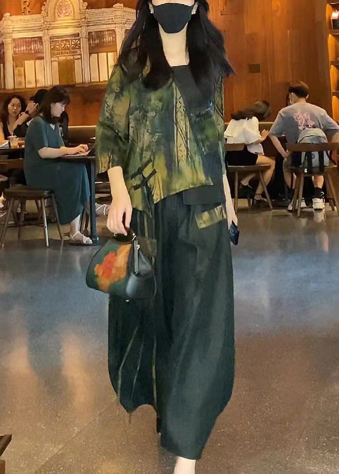 Blackish Green Asymmetrical Design Print Tops and Skirts Silk Two Pieces Set Summer