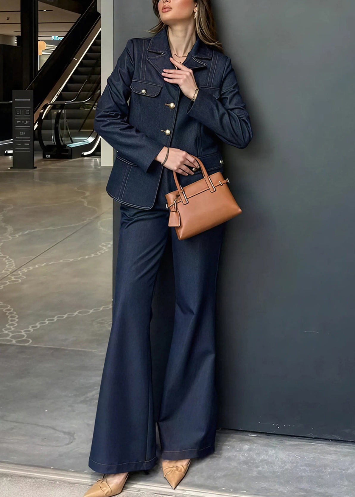American Style Blue Coat and Pants Denim Two Pieces Set Fall
