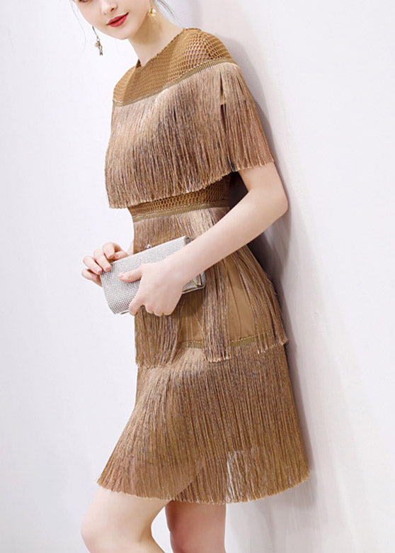 Slim Fit Gold O-neck Tassel Silk Mid Dress Short Sleeve