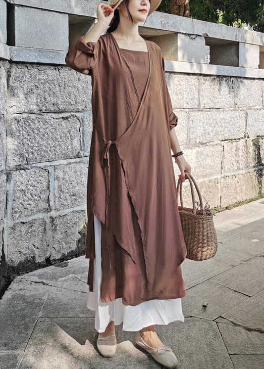 Brown Cotton Upf 50+ Long Cardigan Asymmetrical Long Sleeve