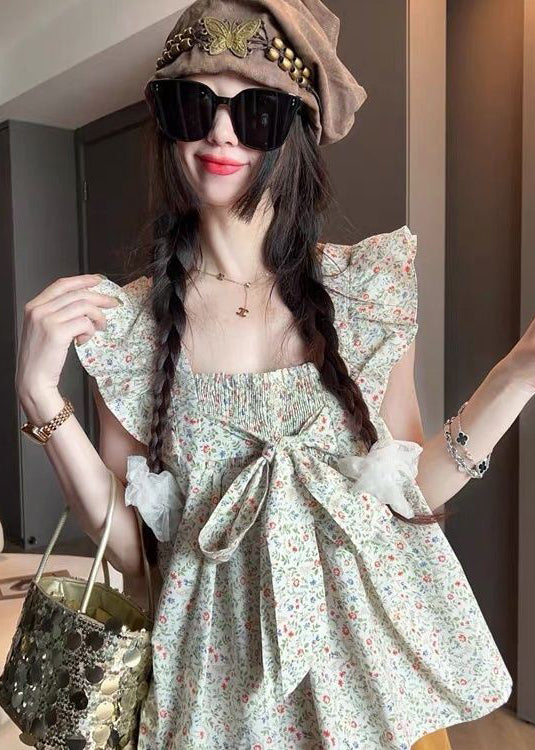 Green Bow Cotton Tanks Butterfly Sleeve
