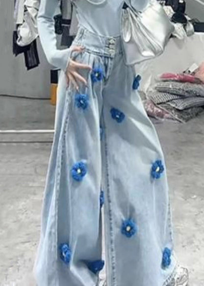Modern Black Button High Waist Denim Wide Leg Pants Fall