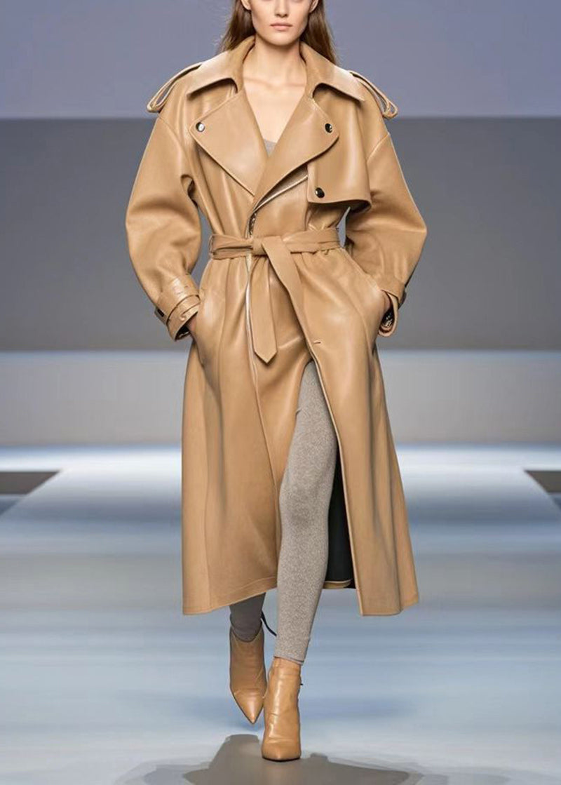 Khaki Oversized Faux Leather Trench Coats Fall