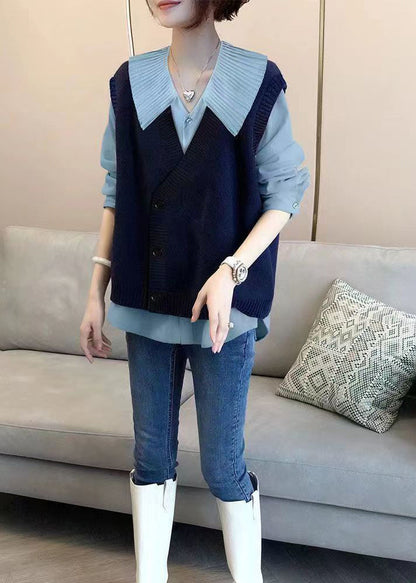 Autumn New Shirt Top and Knitted Vest Two Piece Loose