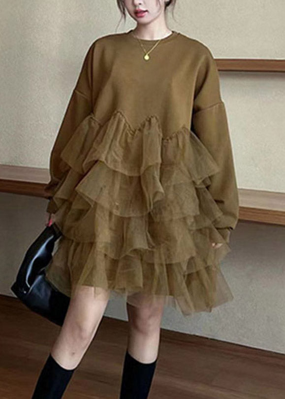 Art Green O-neck Tulle Patchwork a Line Mid Dress Fall