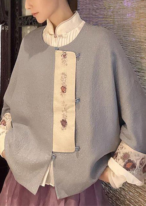 Grey O Neck Button Patchwork Woolen Jacket Winter
