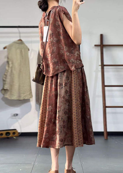 Khaki Peter Pan Collar Print Linen Two Pieces Set Summer