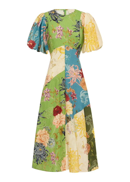 O Neck Print Cotton Long Dress Lantern Sleeve