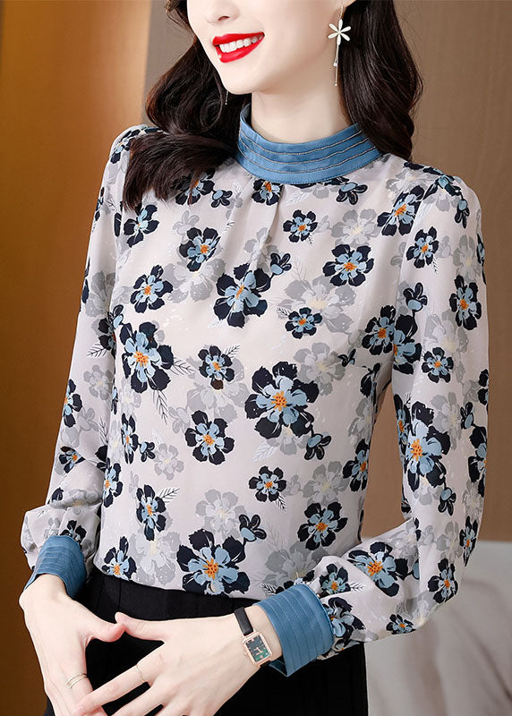 White Stand Collar Print Patchwork Chiffon Blouse Tops Spring