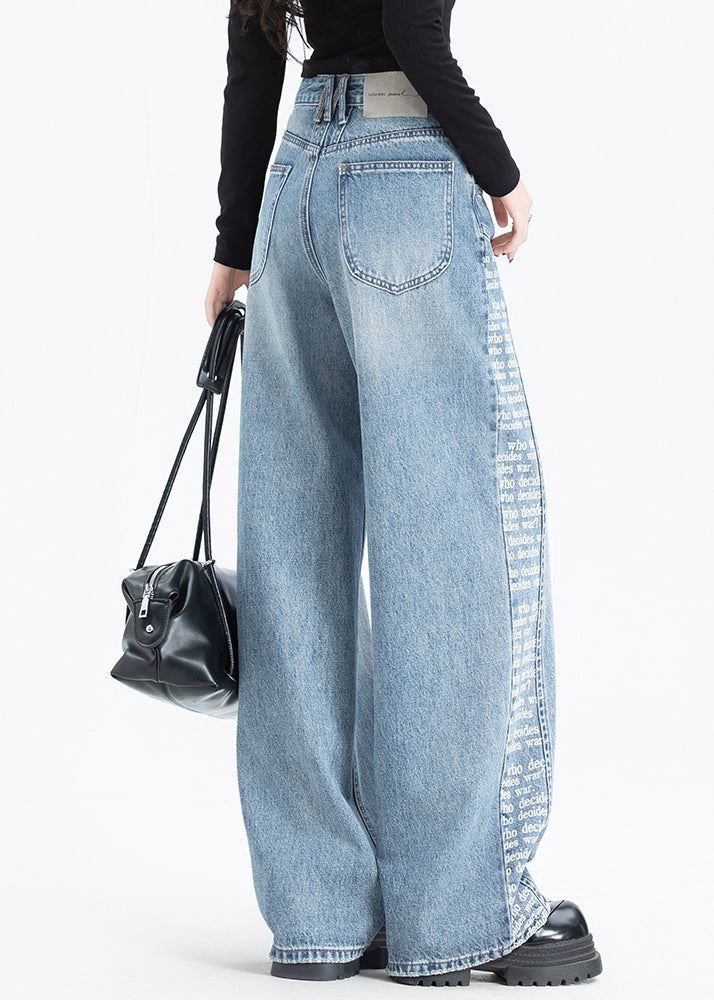 Blue Pockets Print Patchwork Denim Pants Spring