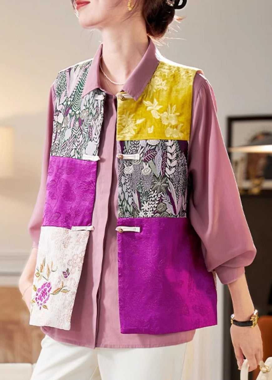 Colorblock Embroidered Button Silk Waistcoat Sleeveless