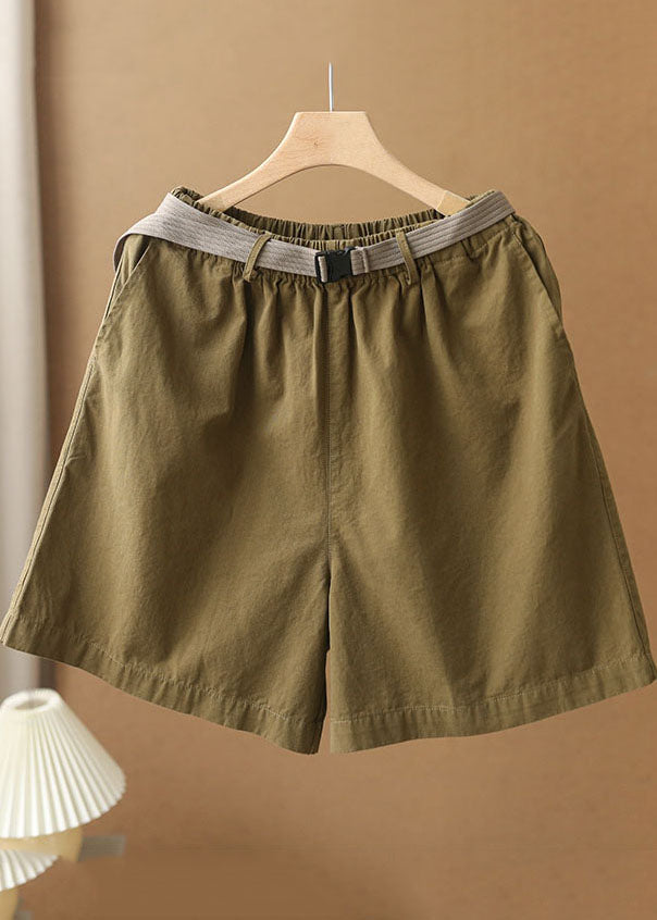 Army Green Elastic Waist Pockets Sashes Cotton Wide Leg Shorts Summer