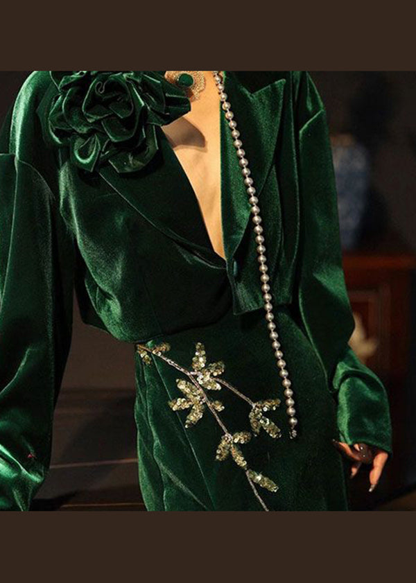 Chinese Style Green Sequins Side Open Velour Two Pieces Set Fall
