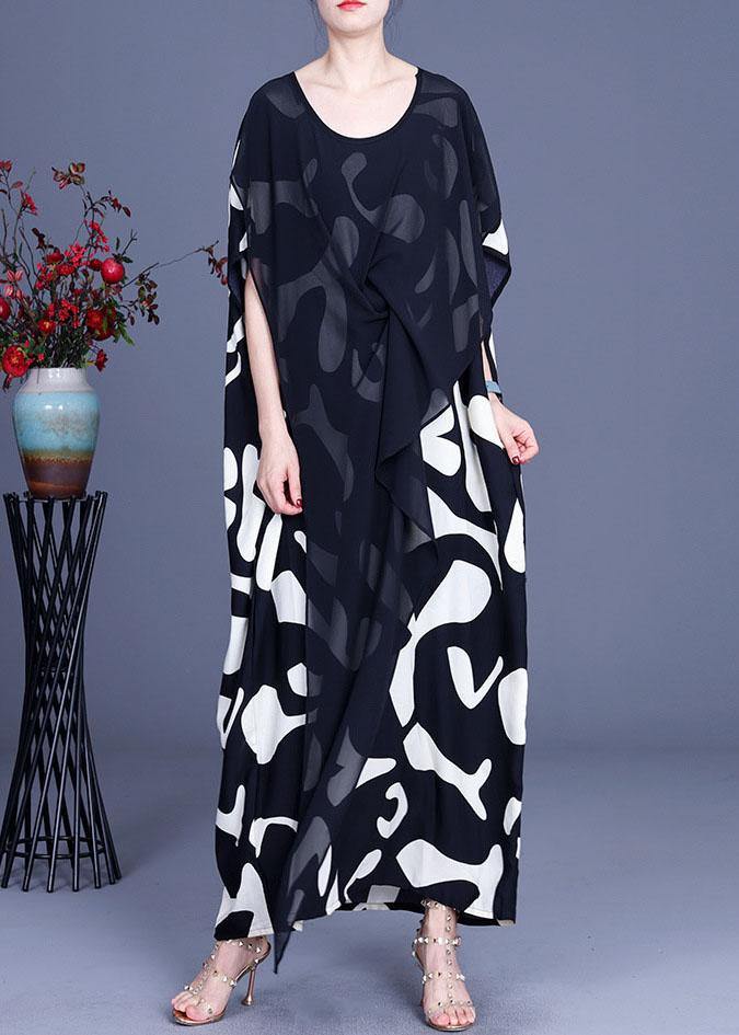 Loose White Print Patchwork Summer Silk Long Dresses