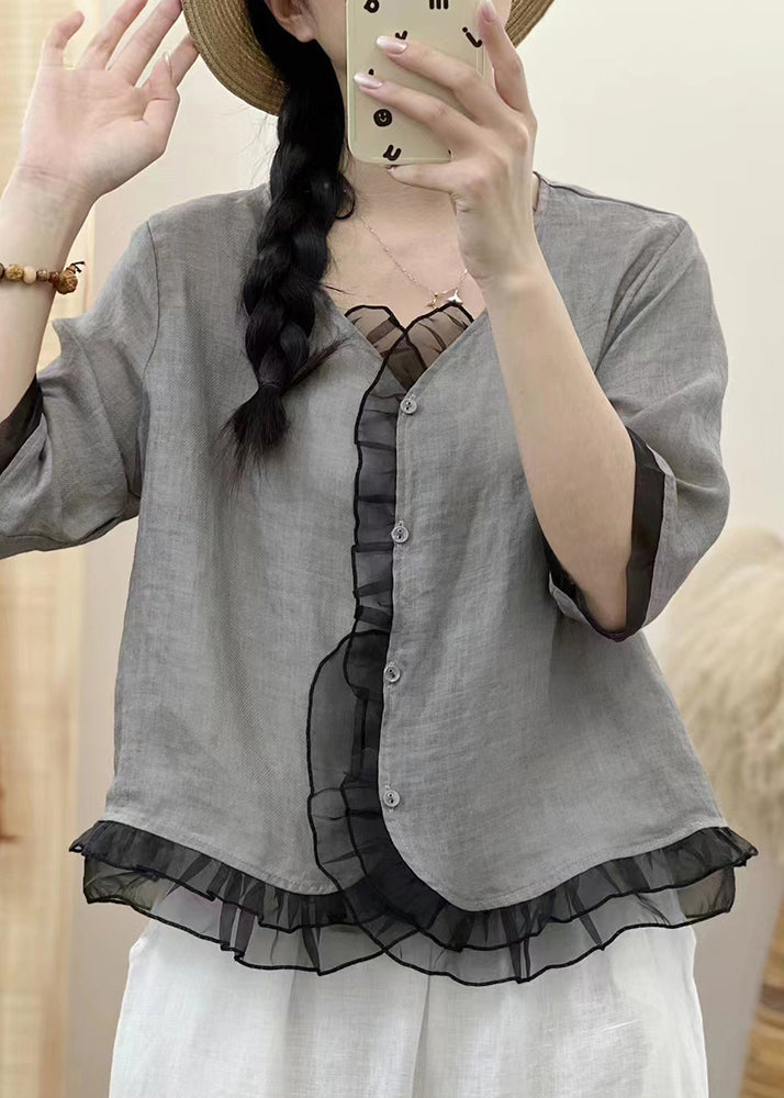 Blackish Green V Neck Organza Patchwork Button Ramie Shirt Fall