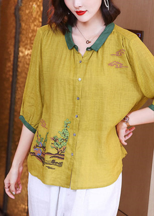 Unique Yellow Peter Pan Collar Embroiderie Button Linen Top Long Sleeve