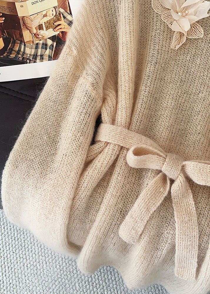 Fitted Khaki Tie Waist Decorated Knit Sweater Tops Fall