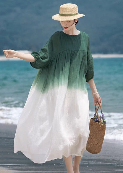 Loose Green O-neck Wrinkled Patchwork Cotton Dress Half Sleeve
