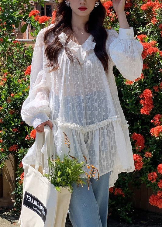 White V Neck Ruffled Cotton Mini Dresses Fall