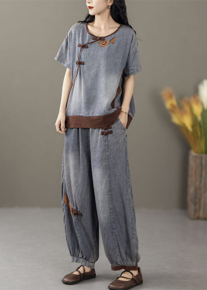 French Blue Embroidered Pockets Patchwork Denim Two-piece Set Summer