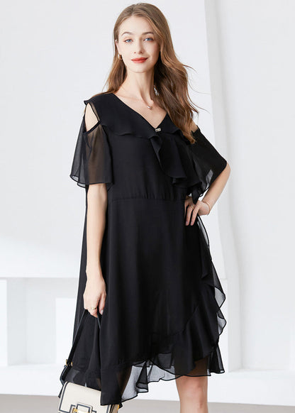 Black Cold Shoulder Ruffles Chiffon Maxi Dresses Summer