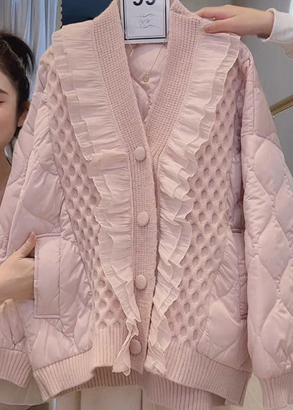 Beige V Neck Ruffled Patchwork Fine Cotton Filled Jacket Spring