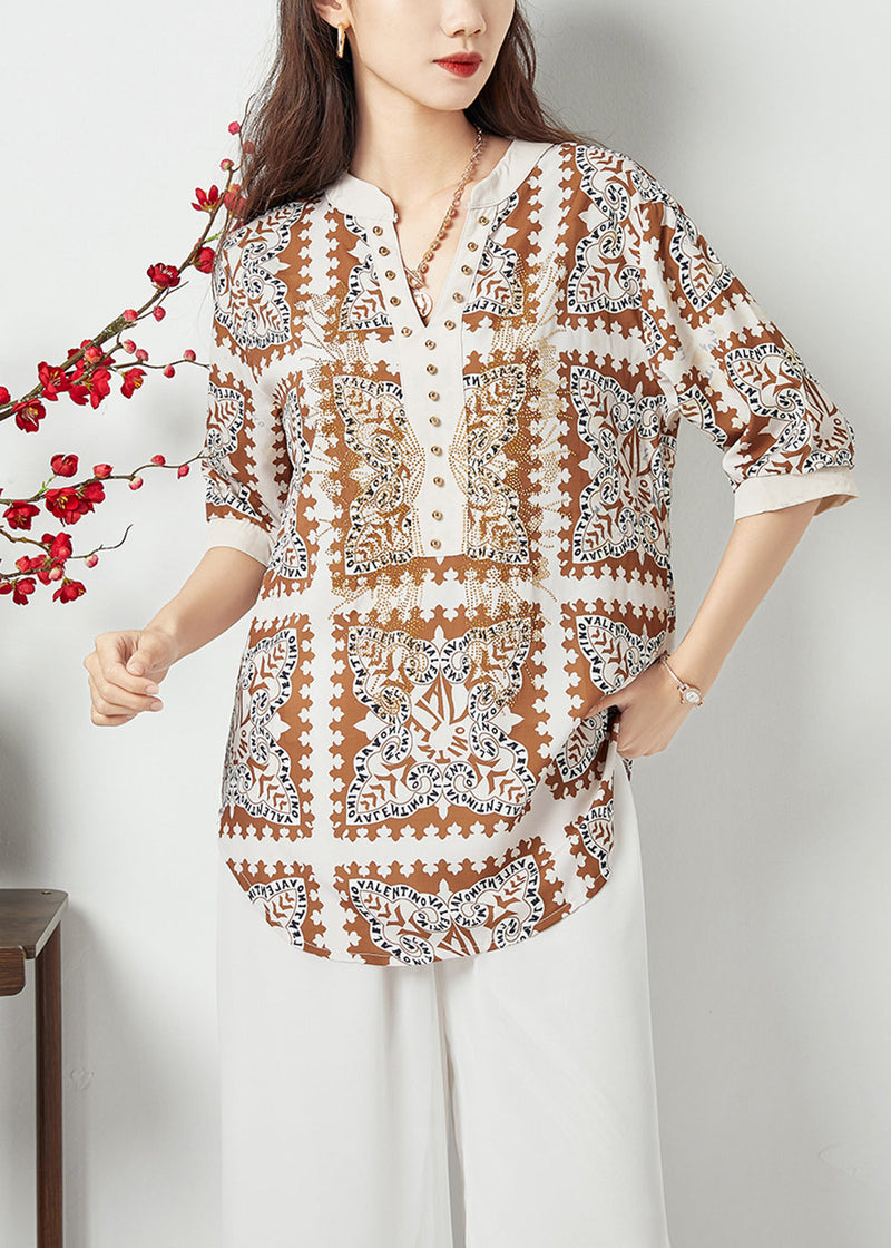 Black V Neck Print Draping Chiffon Blouses Summer