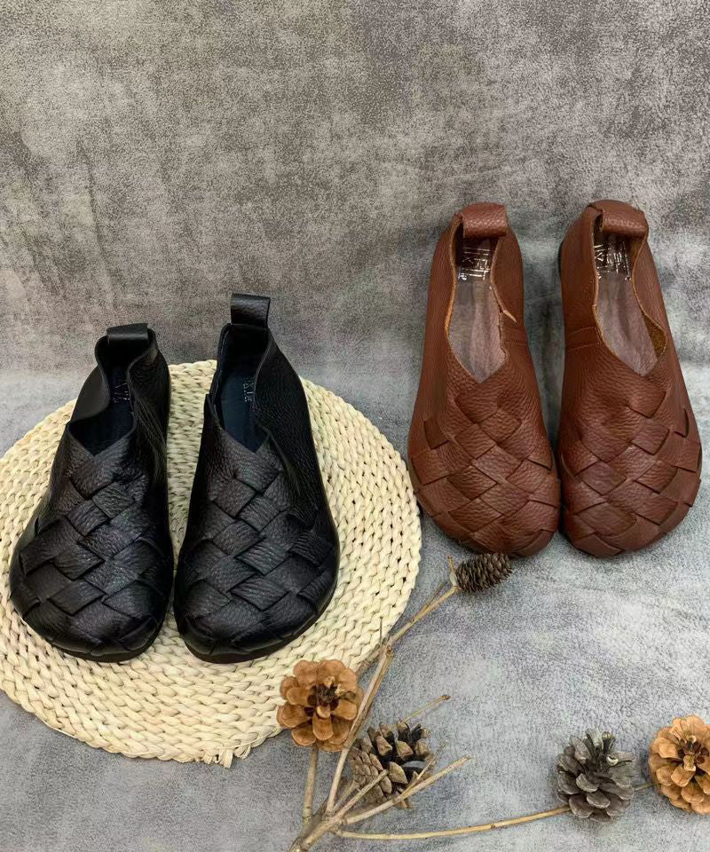 Black Flat Shoes for Handmade Cowhide Leather Fitted Splicing