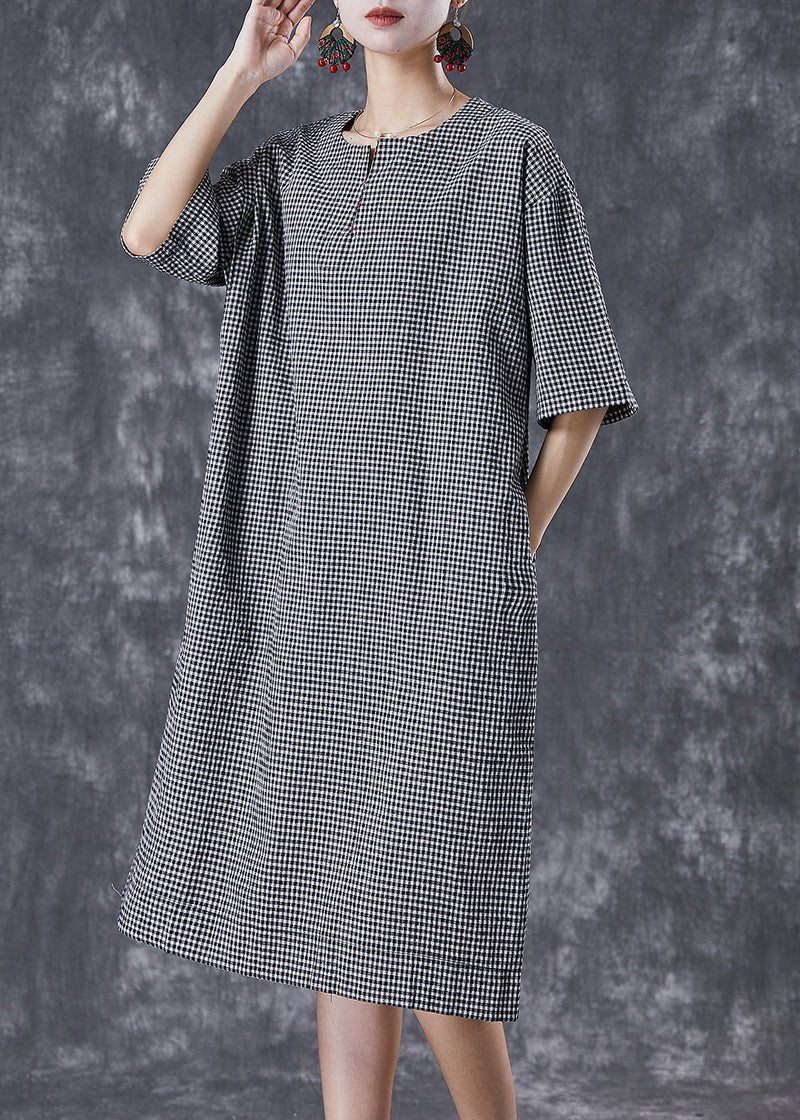 Black Oversized Plaid Cotton Maxi Dresses Summer