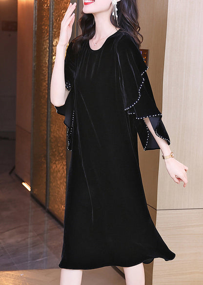 Style Black O-neck Ruffled Patchwork Silk Velour Dress Fall