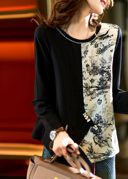 Black O-neck Asymmetrical Print Patchwork Tops Fall