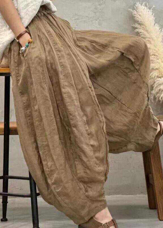 Khaki Pockets Patchwork Elastic Waist Linen Wide Leg Pants