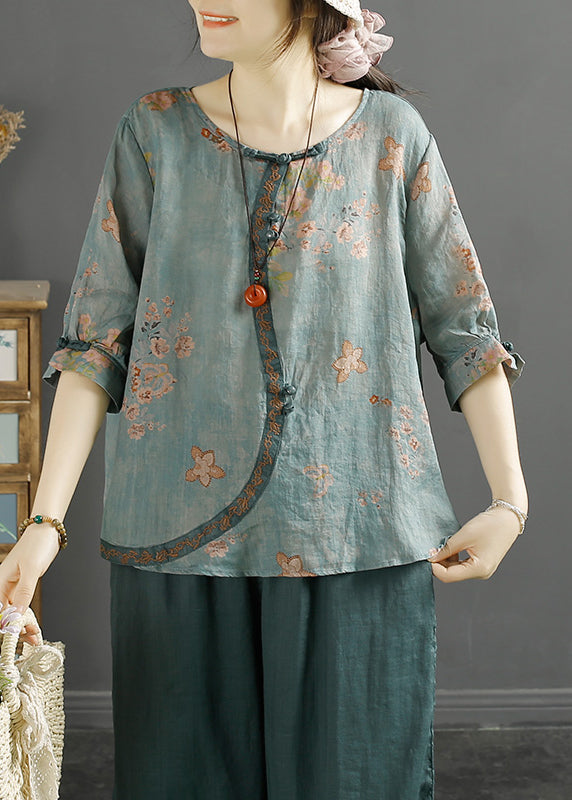Purple O Neck Print Chinese Button Linen Blouse Tops Half Sleeve