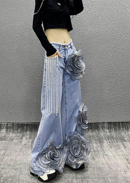 Blue Pockets Bead Tassel Denim Pants Spring