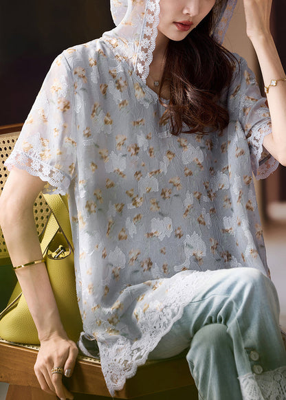 Art Grey Hooded Lace Patchwork Chiffon Shirts Summer