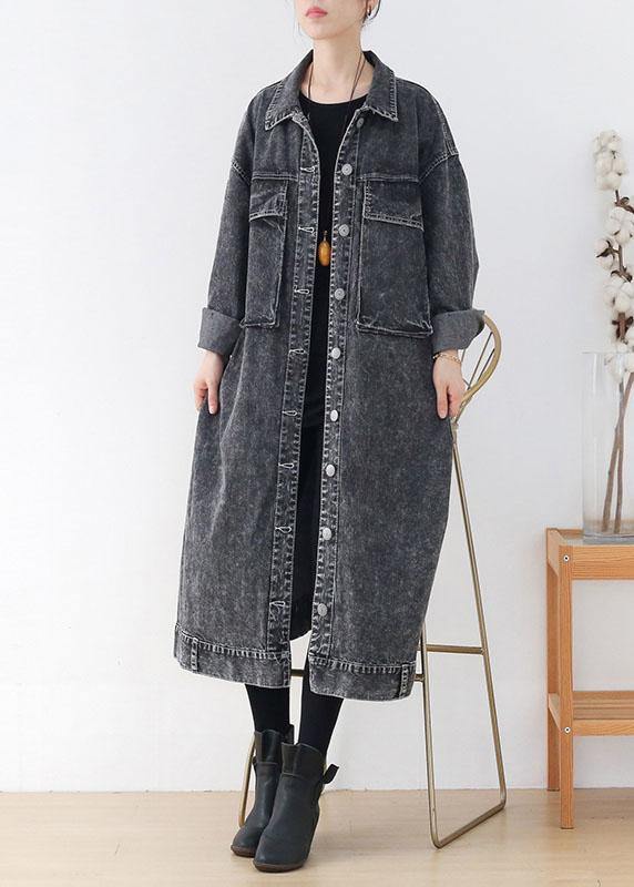 Fine Grey Peterpan Collar Button Fall Pockets Long Sleeve Coat