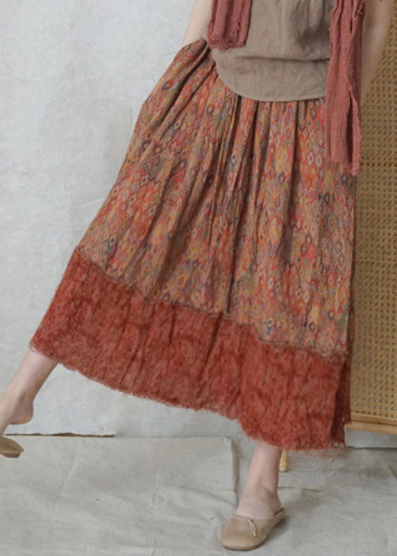 Fine Colorblock Elastic Waist Drawstring Plaid Patchwork Cotton Skirt Spring