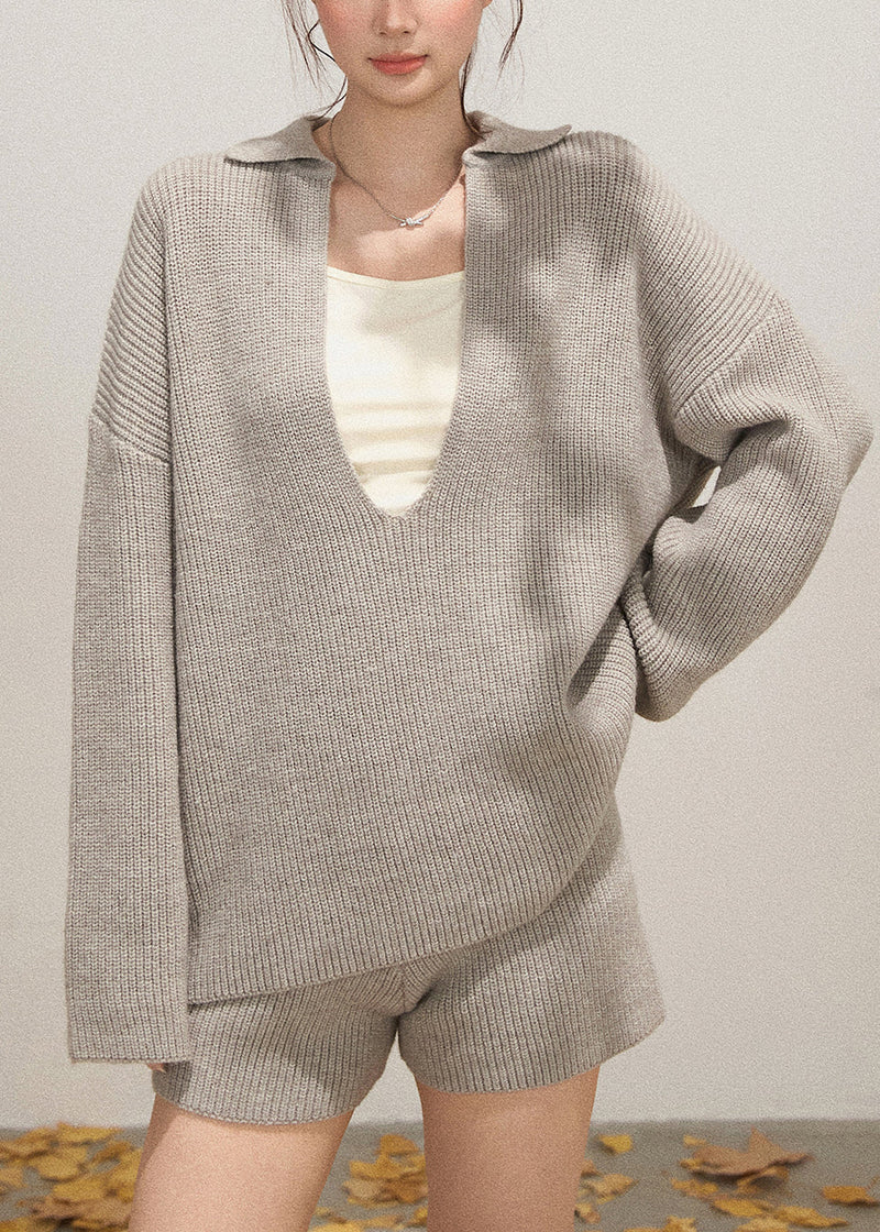 Light Grey Knit Cozy Two Pieces Set Deep-v Neck Fall