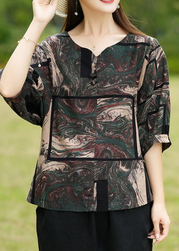 Blackish Green V Neck Patchwork Top Spring