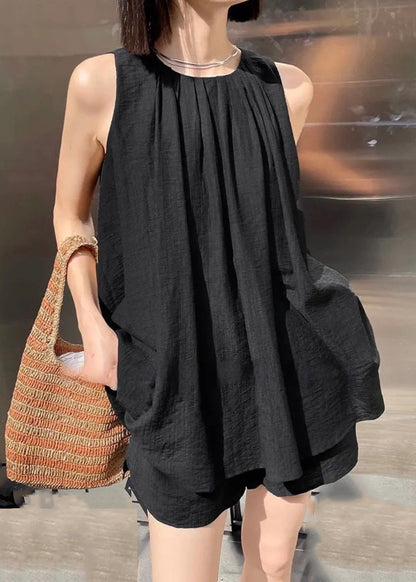Black Wrinkled Top and Shorts Two Pieces Set Sleeveless