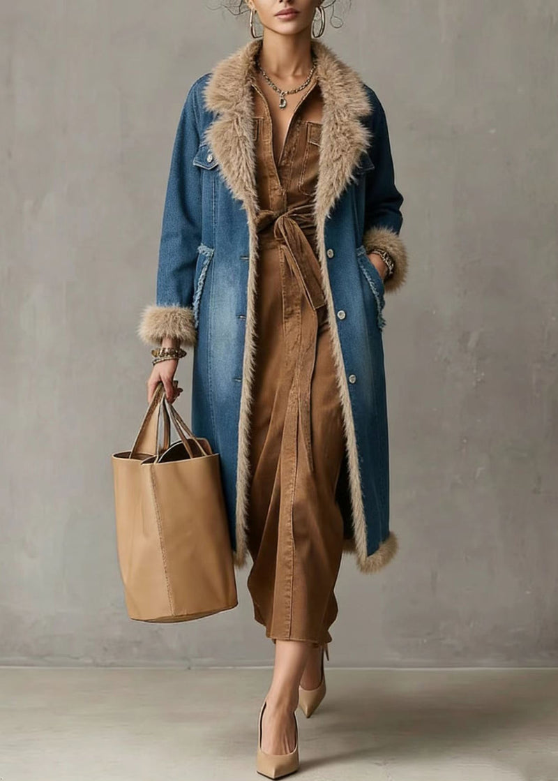 Denim Blue Notched Patchwork Faux Fur Fine Cotton Filled Trench Coats Winter