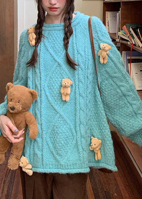Modern Blue O-neck Little Bear Thick Cotton Knit Sweaters Fall
