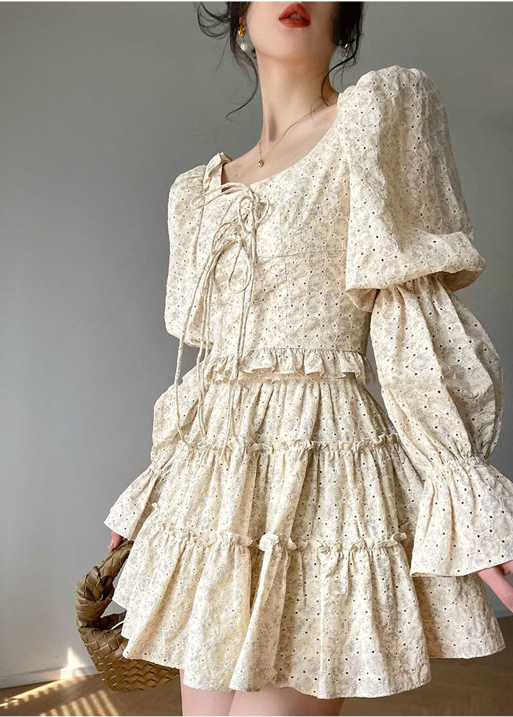 Beige Square Collar Ruffled Print Cotton Dress Two Piece Set Long Sleeve
