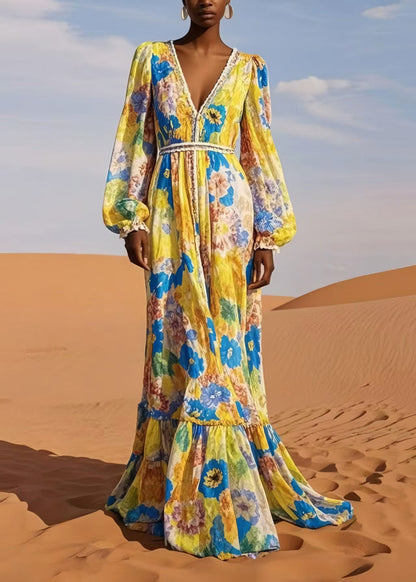 Yellow V Neck Print Chiffon Beach Dress Spring