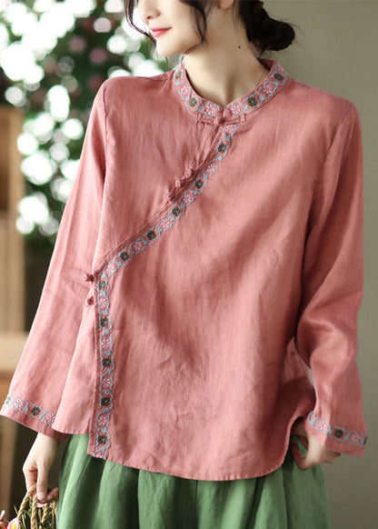 Watermelon Red Embroideried Linen Shirt Long Sleeve