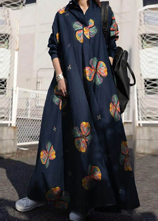 Retro Print Lapel Loose Long Sleeve Maxi Shirt Dress With Pocket