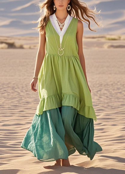 Green Patchwork Cotton Maxi Dresses Exra Large Hem Sleeveless Summer