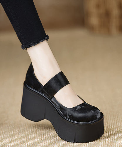 Handmade Buckle Strap Splicing Wedge High Heels Black Silk