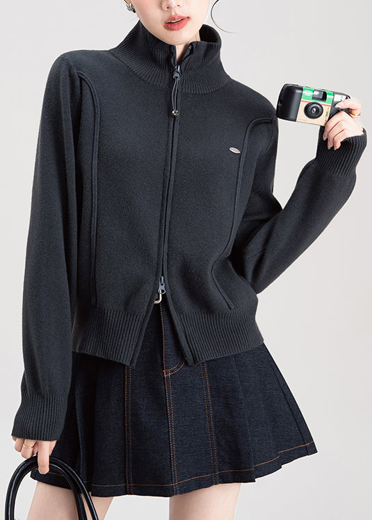 Dark Grey Zip Up High Neck Knit Sweaters Coat Spring